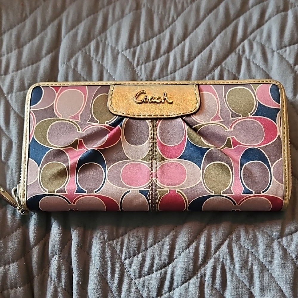 Coach Women's Pink and Blue Patterned Long Wallet